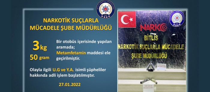 Bitlis'te 3 Kilo 50 gram metamfetamin maddesi ele geçirildi